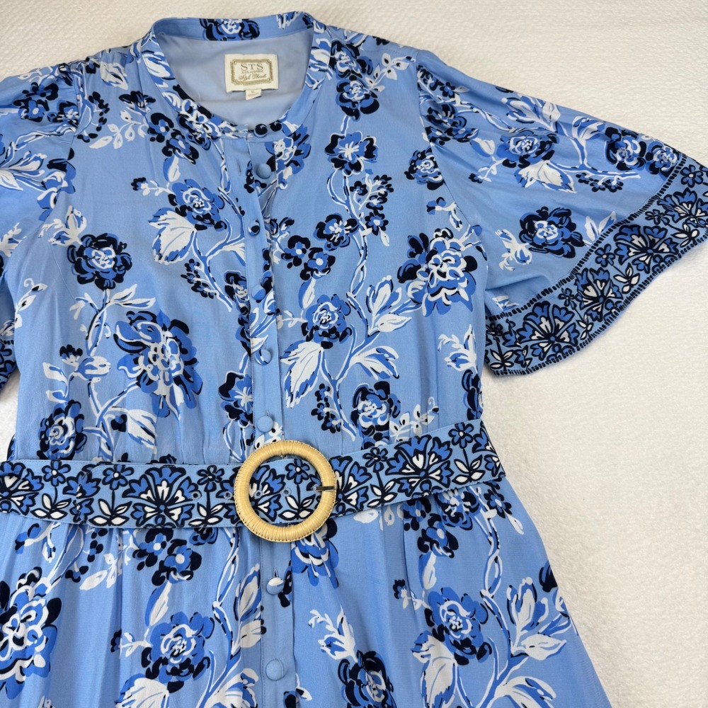 STS Blue Floral Midi Dress Button Front Flutter Sleeve Wood Buckle Belt XL - Picture 4 of 10